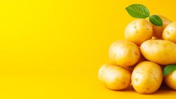 Potatoes on yellow backdrop. Fresh round potatoes on a vibrant yellow background highlight their smooth texture and earthy hues. photo