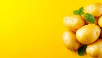 Fresh potatoes on yellow. Several fresh, unpeeled potatoes are arranged on a vibrant yellow surface, showcasing their natural texture and color. photo