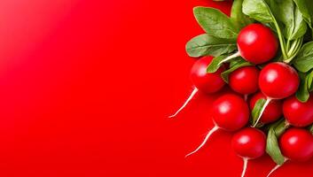Radishes with green leaves. Bright red radishes with green leaves arranged against a bold red background, showcasing freshness and color. photo