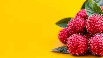 Lychee on yellow background. Colorful cluster of fresh lychee fruits with vibrant pink skin and green leaves against a yellow backdrop. photo