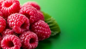 Raspberries on green backdrop. Juicy raspberries sit together on a bright green surface, showcasing their texture and rich color. photo