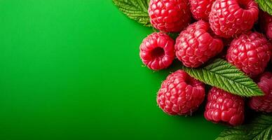 Fresh raspberries on green background. Bright red raspberries resting on a vibrant green surface, showcasing their texture and natural beauty. photo