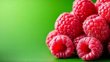 Raspberries on green surface. Group of luscious, ripe raspberries arranged on a vibrant green background, showcasing their rich color and texture. photo
