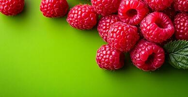 Raspberries on green backdrop. Bright red raspberries rest against a lively green surface, showcasing their juicy texture and inviting color. photo