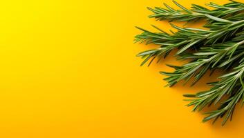 Rosemary on yellow background. Sprigs of fresh rosemary arranged at the corner of a vibrant yellow background, emphasizing freshness and flavor. photo