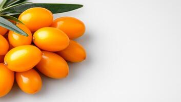 Sea buckthorn on white surface. Vibrant Sea buckthorn with smooth skin and green leaves are nestled together on a clean, white background. photo