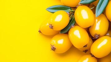 Bright Sea buckthorn on yellow. Sea buckthorn with green leaves arranged on a sunny yellow surface create a cheerful and fresh display. photo