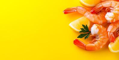 Shrimp and lemon on yellow. Juicy shrimp arranged with lemon slices and parsley on vibrant yellow surface, highlighting fresh seafood ingredients. photo