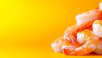 Fresh shrimp on bright yellow background. Plump, cooked shrimp are arranged neatly against a vibrant yellow backdrop, showcasing their freshness. photo