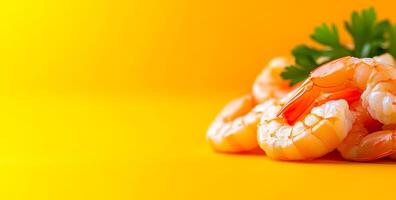 Shrimp on yellow background. Tender shrimp sit appealingly against a vibrant yellow backdrop, complemented by a touch of green parsley. photo