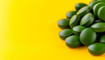 Green pills on yellow backdrop. A collection of green tablets is scattered on a vivid yellow background, highlighting their round and smooth surfaces. photo