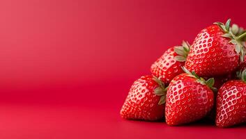 Strawberries on bright display. A pile of ripe strawberries showcases their vibrant color and freshness against a simple red background. photo