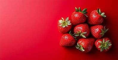 Strawberries on a red backdrop. Fresh strawberries with green leaves pop against a vibrant red background, highlighting their color and freshness. photo