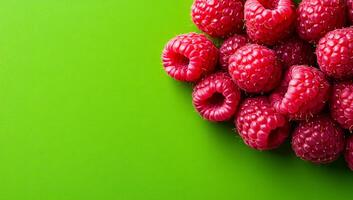Raspberries on green surface. A cluster of ripe raspberries sits on a bright green surface, showcasing their rich color and texture. photo