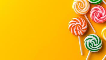 Vibrant lollipops on bright backdrop. Brightly colored lollipops are displayed on a vivid yellow background, creating a playful and cheerful atmosphere. photo