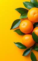Oranges on yellow backdrop. Fresh oranges with green leaves are placed on a vibrant yellow surface, creating a lively and colorful display. photo