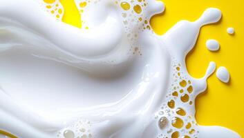 Splash of white liquid on bright yellow. Bright yellow background with dynamic white liquid splashes and bubbles creating an engaging contrast. photo