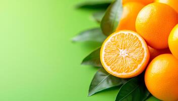 Fresh oranges on green background. Bright and vibrant oranges are arranged with leaves, showcasing their juicy texture against a green backdrop. photo