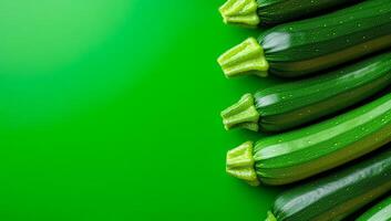Zucchinis on green backdrop. Fresh zucchinis are lined up against a vibrant green backdrop, showcasing their glossy skin and rich color. photo