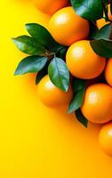 Oranges on a bright yellow background. Juicy oranges with green leaves stand out on a bright yellow background, forming a cheerful display. photo