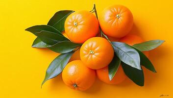 Fresh oranges with vibrant green leaves. A collection of ripe oranges resting on a bright yellow background, surrounded by lush green leaves. photo