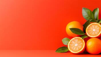 Oranges on a red backdrop. Four oranges, two whole and two halved, with green leaves on a bright red background show natural freshness. photo