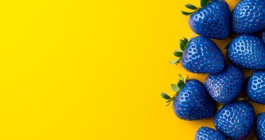 Vivid strawberries on bright bg. Blue strawberries are arranged on a vibrant yellow surface, creating an eye-catching and artistic display of fruit. photo