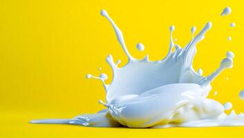 Milk splash on vibrant yellow background. White liquid bursts and splashes against a bright yellow background, creating an eye-catching visual moment. photo