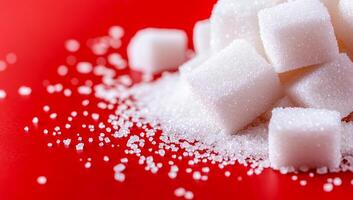 Sweet sugar cubes piled on red surface. Sugar cubes are stacked on a bright red surface, with granulated sugar scattered around, creating a contrasting display. photo