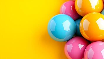 Vibrant spheres on bright bg. Brightly colored glossy spheres cluster together against a vivid yellow backdrop, creating a cheerful visual display. photo