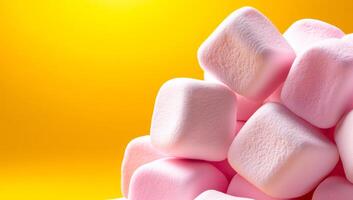 Yellow background with marshmallows. Soft pink marshmallows stacked together against a vibrant yellow backdrop, creating a playful and colorful display. photo