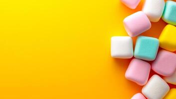 Vibrant marshmallows on a bright bg. Soft marshmallows in various pastel colors placed on a bright yellow surface create a cheerful and vibrant display. photo