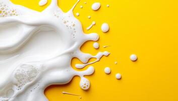 Milk splash on bright yellow background. White milk splashes dynamically across a vibrant yellow surface, creating a striking visual contrast and texture. photo