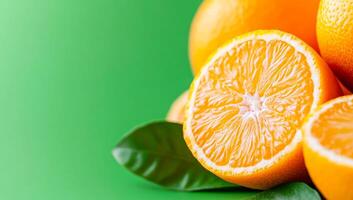 Sliced oranges on a bright surface. Slices of juicy oranges are displayed on a bright green background, showcasing their vibrant color and texture. photo