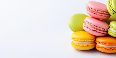 Colorful macarons on white. Delicate macarons in various pastel colors are artfully arranged on a clean, white surface, showcasing their textures. photo