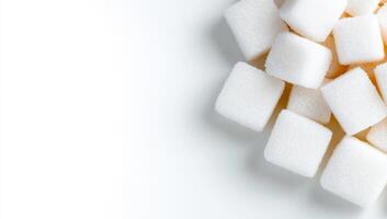 Sugar cubes on white bg. Several white sugar cubes are neatly arranged on a smooth, white surface, showcasing their geometric shapes. photo