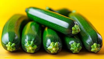 Fresh zucchini stacked on yellow surface. A vibrant collection of fresh zucchini shines against a bright yellow background. photo