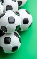 Soccer balls arranged on a green surface. Several soccer balls are piled together on a bright green background, showcasing their classic black and white patterns. photo