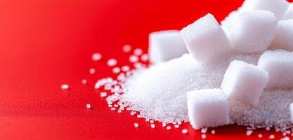 Red surface with sugar cubes. Cubes of sugar and granulated sugar are piled on a vibrant red surface, showcasing their textures and brightness. photo