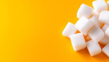 White sugar on yellow bg. Several white sugar cubes are arranged on a vibrant yellow surface, creating a striking contrast in colors. photo