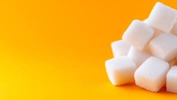 Sugar cubes on a vibrant background. A pile of white sugar cubes rests against a bright orange backdrop, showcasing texture and color contrast. photo