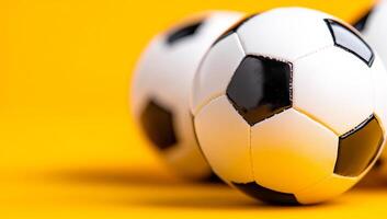 Colorful soccer balls displayed. Multiple soccer balls positioned closely together on a vibrant yellow background, emphasizing their design and texture. photo