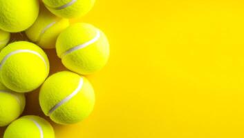 Yellow balls on a bright surface. Several bright yellow tennis balls rest on a vibrant yellow surface, creating a lively and energetic composition. photo