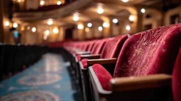 Empty Theater Seats A Captivating Glimpse into the Heart of Performing Arts. Experience the elegance and grandeur of a classic theater, where stories unfold under the warm glow of stage lights. photo