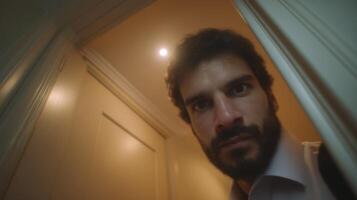 A Man's Intense Gaze from a Doorway A Dramatic Portrait of Mystery and Suspense. The image evokes feelings of secrecy, observation, and a hidden narrative. photo