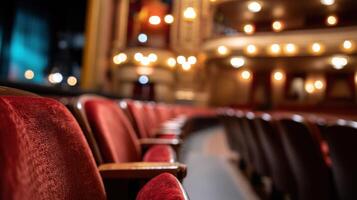 Empty Red Velvet Theater Seats A Captivating Glimpse into the Heart of Performing Arts. Experience the elegance and anticipation before the curtain rises. photo