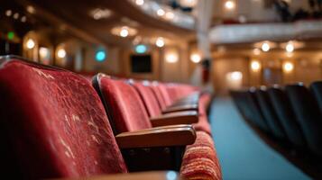 Empty Theater Seats A Captivating Glimpse into the Heart of Performing Arts. Red velvet seats, warm lighting, and classic architecture create an atmosphere of anticipation before a show. photo