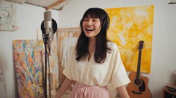 A Young Woman's Passionate Singing Session in a Creative Home Studio, Filled with Art and Music photo
