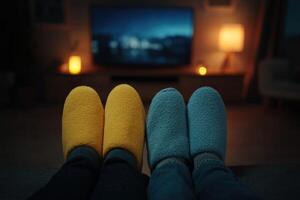 Cozy Couple Enjoying a Relaxing Night In Watching TV, Wearing Slippers, and Embracing the Comfort of Home photo