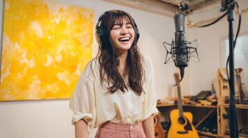 Joyful Singer in Recording Studio A Captivating Portrait of a Young Woman's Passionate Performance photo